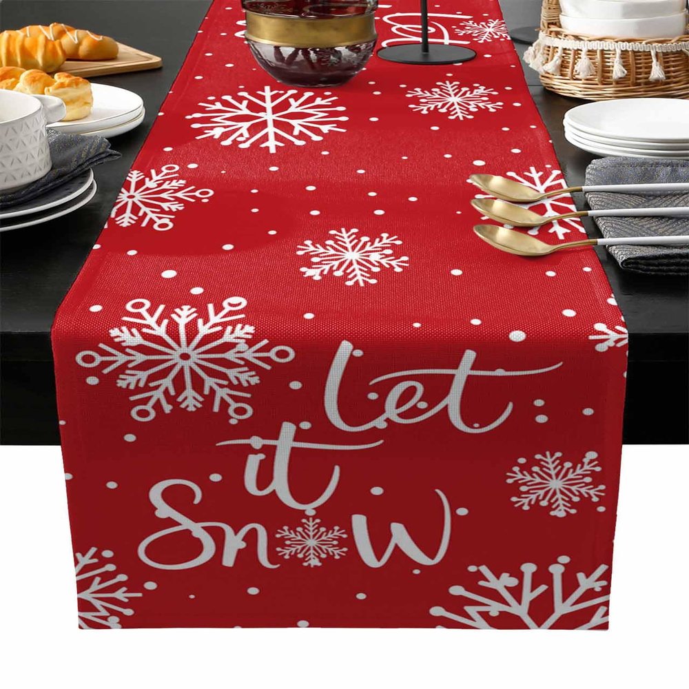 Christmas Red Table Runners Burlap-Cotton Runner 90 Inche Long, Let-it-snow Snowflake Durable Farmhouse Xmas Table Runners, Outdoor Dining Tablecloths Decor for Baby Shower/Party/Wedding 13x90
