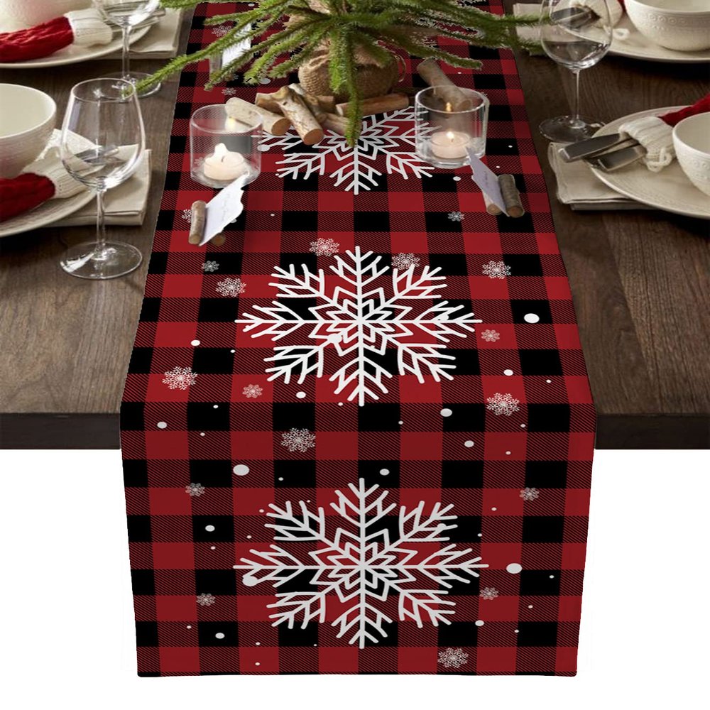 Christmas White Snowflake Table Runners Burlap-Cotton Runner 72 Inche Long, Red and Black Buffalo Plaid Farmhouse Holiday Table Runners, Outdoor Dining Tablecloths Decor for Party/Wedding 13x72
