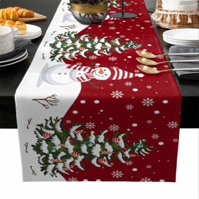 Christmas Snowman Table Runners Burlap-Cotton Runner 108 Inche Long, Xmas Snowflake Red Farmhouse Holiday Table Runners, Outdoor Dining Tablecloths Decor for Baby Shower/Party/Wedding 13x108