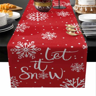 Christmas Red Table Runners Burlap-Cotton Runner 108 Inche Long, Let-it-snow Snowflake Durable Farmhouse Xmas Table Runners, Outdoor Dining Tablecloths Decor for Baby Shower/Party/Wedding 13x108