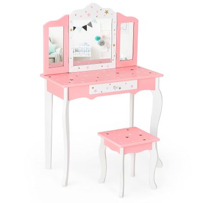 Costzon Kids Vanity Set with Mirror, 2 in 1 Princess Makeup Dressing Table w/Detachable Top, Girls Vanity with Tri-Fold Mirror, Drawer & Stool, Vanity Table & Chair Set for Little Girls, Pink