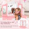 Costzon Kids Vanity Set with Mirror, 2 in 1 Princess Makeup Dressing Table w/Detachable Top, Girls Vanity with Tri-Fold Mirror, Drawer & Stool, Vanity Table & Chair Set for Little Girls, Pink view 3
