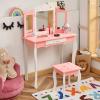 Costzon Kids Vanity Set with Mirror, 2 in 1 Princess Makeup Dressing Table w/Detachable Top, Girls Vanity with Tri-Fold Mirror, Drawer & Stool, Vanity Table & Chair Set for Little Girls, Pink view 4