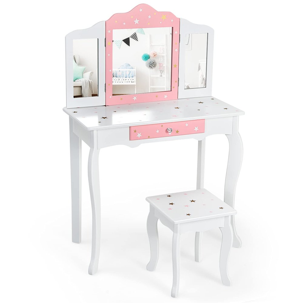 Costzon Kids Vanity Set with Mirror, 2 in 1 Princess Makeup Dressing Table w/Detachable Top, Toddler Girls Vanity with Tri-Fold Mirror, Drawer & Stool, Vanity Set for Little Girls, White