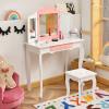 Costzon Kids Vanity Set with Mirror, 2 in 1 Princess Makeup Dressing Table w/Detachable Top, Toddler Girls Vanity with Tri-Fold Mirror, Drawer & Stool, Vanity Set for Little Girls, White view 4