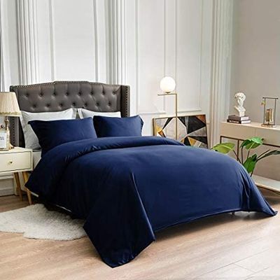 100% Cotton 4 Piece Zipper Closure Duvet Set 12" Deep Pocket, 800 Thread Count Cooling Comforter Cover Set, Soft Sateen Weave Full Size Navy Blue Duvet Cover Set