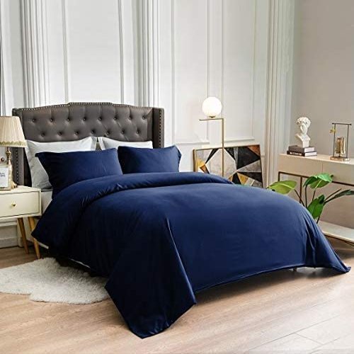 100% Cotton 4 Piece Zipper Closure Duvet Set 12" Deep Pocket, 800 Thread Count Cooling Comforter Cover Set, Soft Sateen Weave Full Size Navy Blue Duvet Cover Set