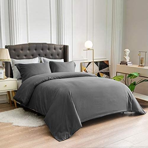 100% Cotton 4 Piece Zipper Closure Duvet Set 12" Deep Pocket, 800 Thread Count Cooling Comforter Cover Set, Soft Sateen Weave Queen Size Dark Grey Duvet Cover Set