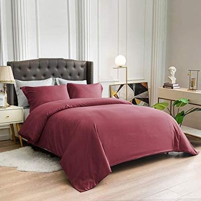 100% Cotton 4 Piece Zipper Closure Duvet Set 12" Deep Pocket, 800 Thread Count Cooling Comforter Cover Set, Soft Sateen Weave Twin Size Burgundy Duvet Cover Set