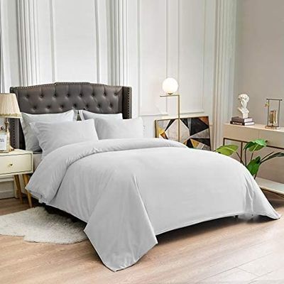 100% Cotton 4 Piece Zipper Closure Duvet Set 12" Deep Pocket, 800 Thread Count Cooling Comforter Cover Set, Soft Sateen Weave California King Size Light Grey Duvet Cover Set