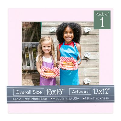 CountryArtHouse Soft Pink Acid Free 16x16 Picture Frame Mats with White Core Bevel Cut for 12x12 Pictures - Fits 16x16 Frame - One Mat - with Bag & Backing