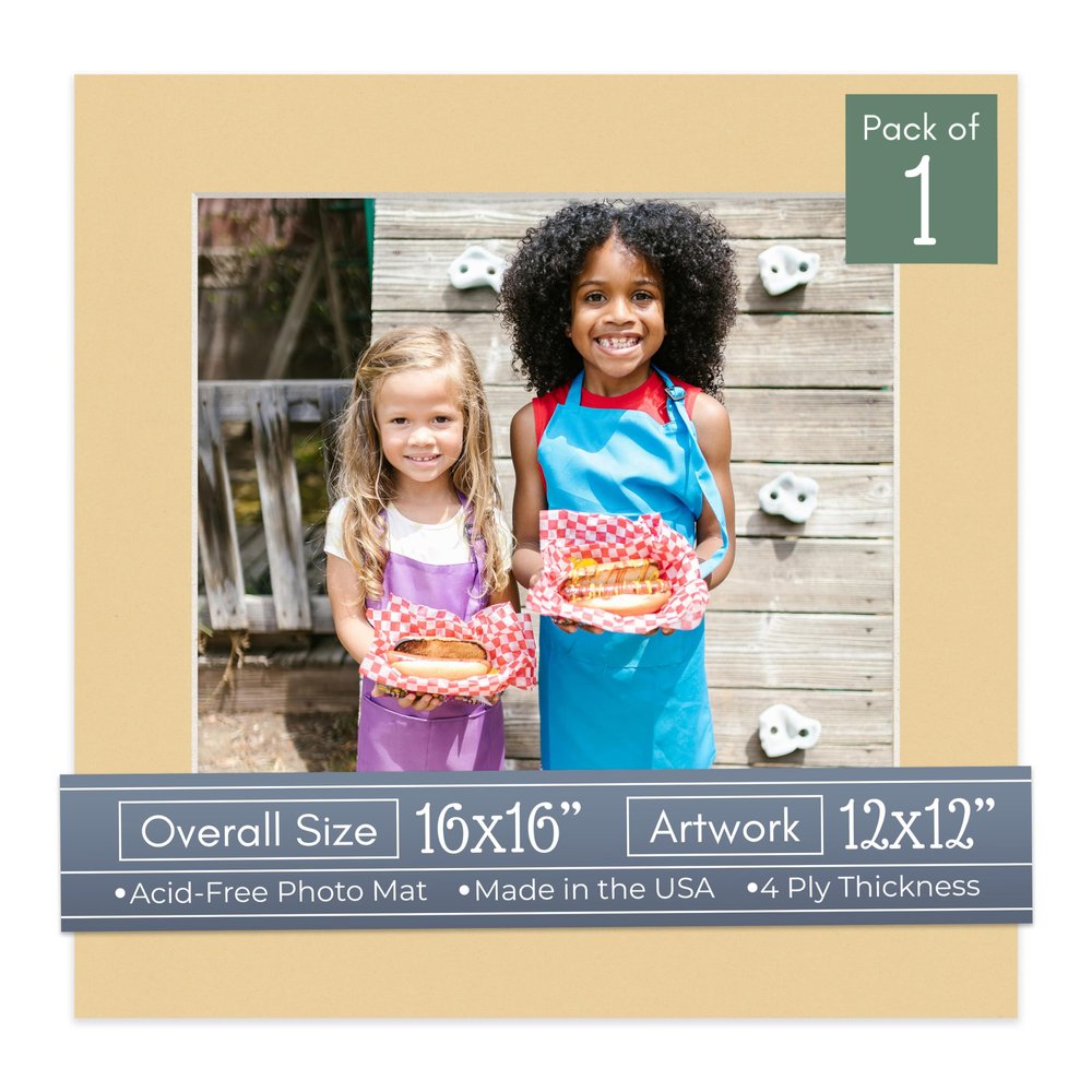 CountryArtHouse Marzipan Acid Free 16x16 Picture Frame Mats with White Core Bevel Cut for 12x12 Pictures - Fits 16x16 Frame - One Mat - with Bag & Backing