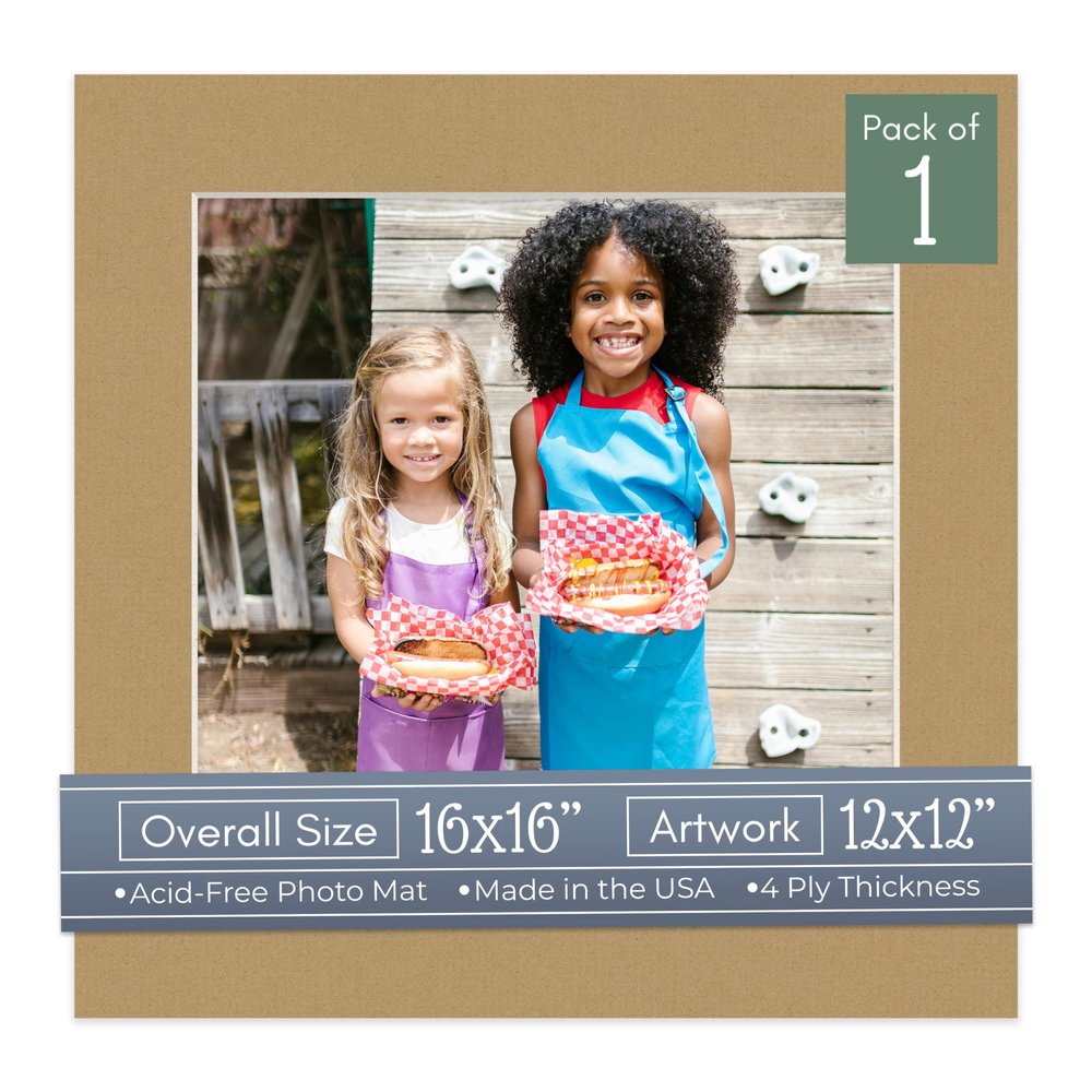 CountryArtHouse Rattan Acid Free 16x16 Picture Frame Mats with White Core Bevel Cut for 12x12 Pictures - Fits 16x16 Frame - One Mat - with Bag & Backing