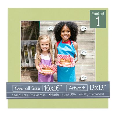CountryArtHouse Pistachio Acid Free 16x16 Picture Frame Mats with White Core Bevel Cut for 12x12 Pictures - Fits 16x16 Frame - One Mat - with Bag & Backing