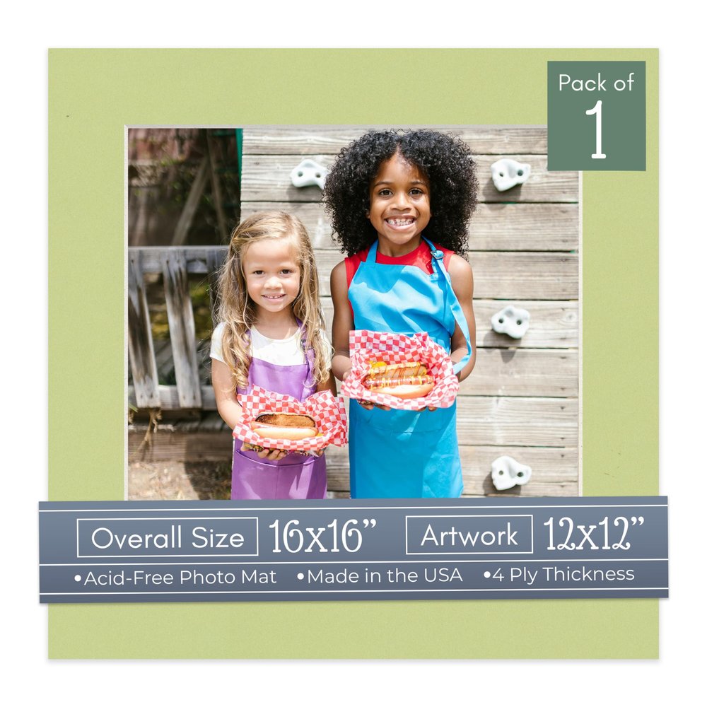CountryArtHouse Pistachio Acid Free 16x16 Picture Frame Mats with White Core Bevel Cut for 12x12 Pictures - Fits 16x16 Frame - One Mat - with Bag & Backing