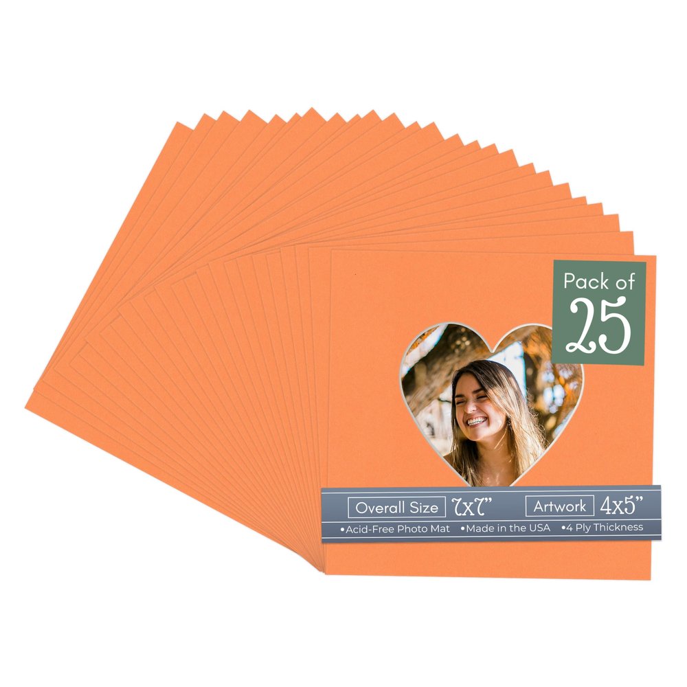 CountryArtHouse Orange Acid Free 7x7 Heart Picture Frame Mat with White Core Bevel Cut for 4x5 Pictures - Fits 7x7 Frame