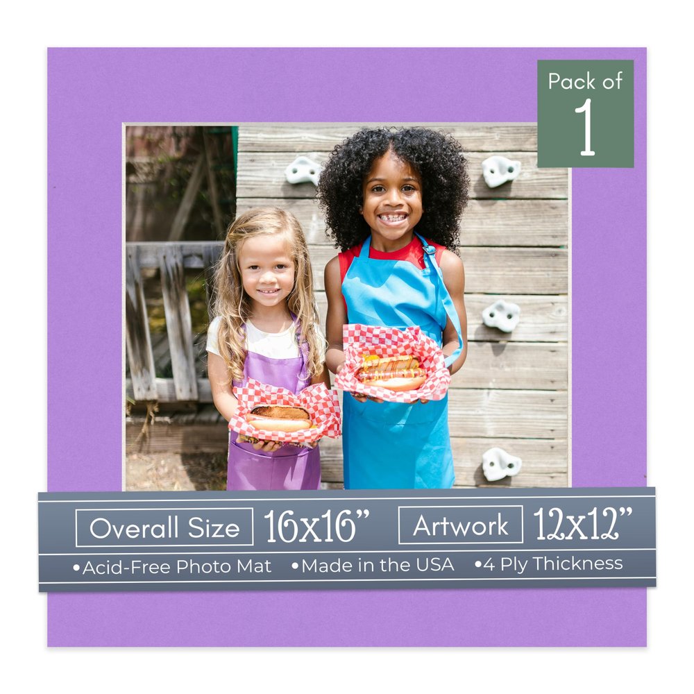 CountryArtHouse Light Purple Acid Free 16x16 Picture Frame Mats with White Core Bevel Cut for 12x12 Pictures - Fits 16x16 Frame - One Mat - with Bag & Backing