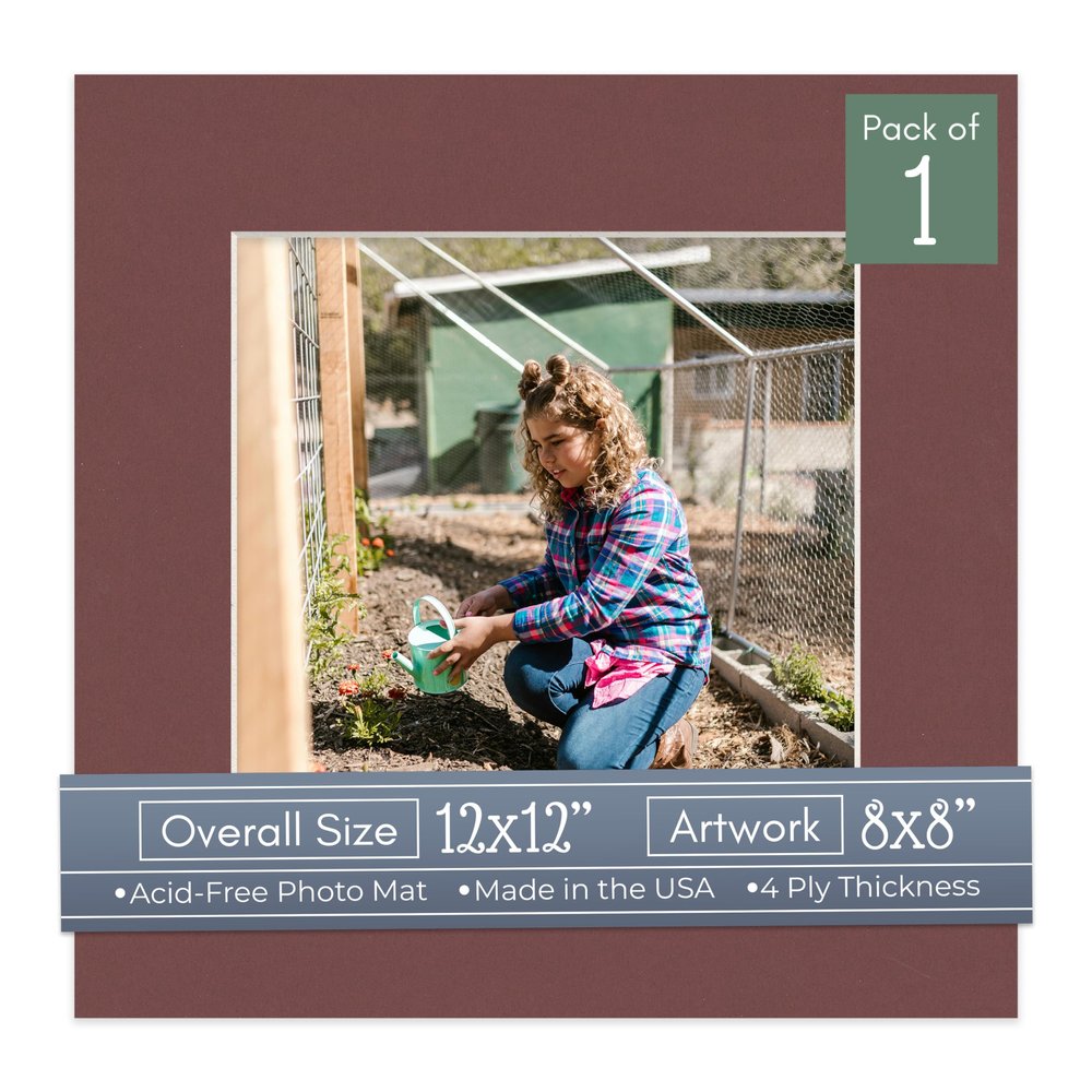 CountryArtHouse Maroon Acid Free 12x12 Picture Frame Mats with White Core Bevel Cut for 8x8 Pictures - Fits 12x12 Frame - One Mat - with Bag & Backing