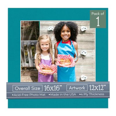 CountryArtHouse Teal Acid Free 16x16 Picture Frame Mats with White Core Bevel Cut for 12x12 Pictures - Fits 16x16 Frame - One Mat - with Bag & Backing
