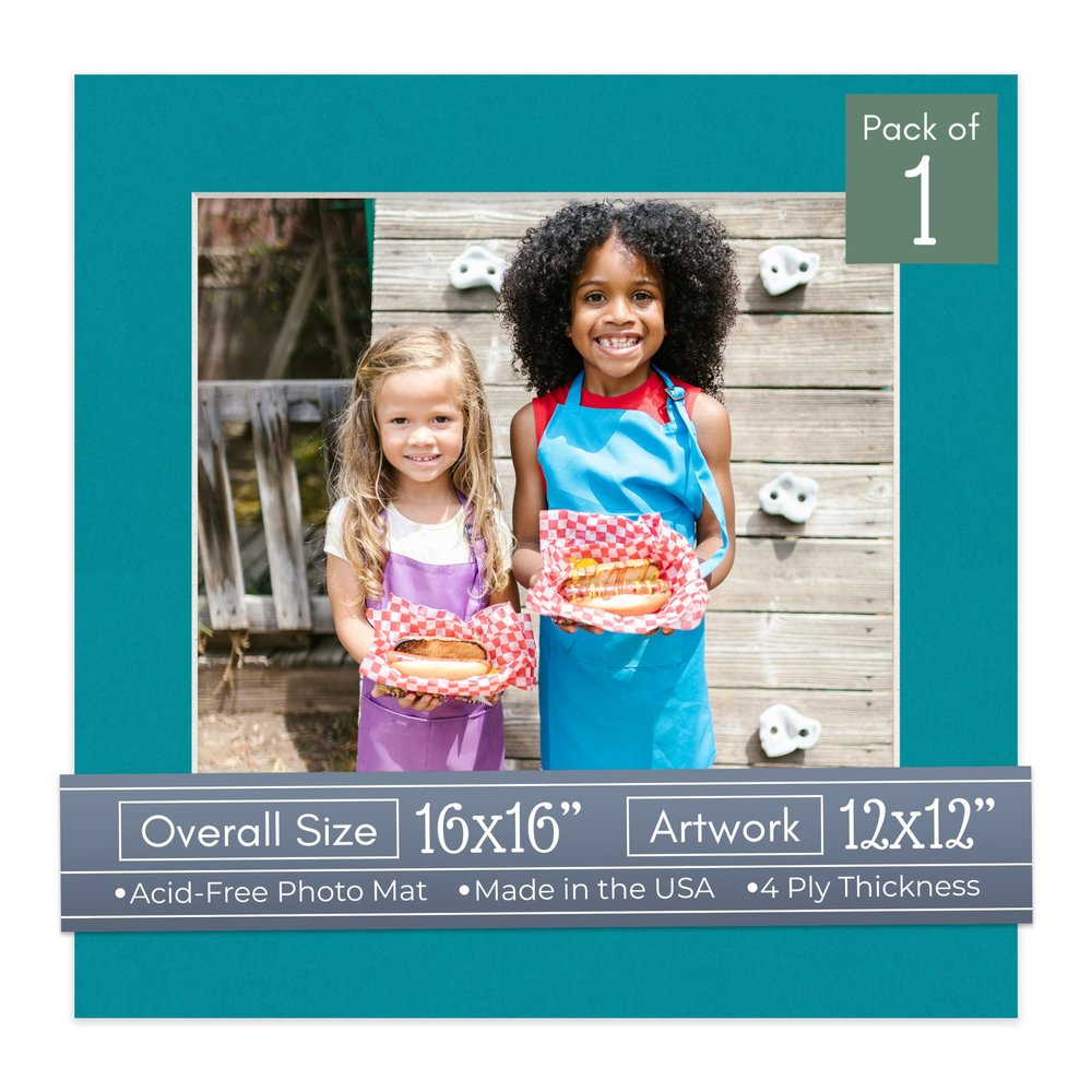 CountryArtHouse Teal Acid Free 16x16 Picture Frame Mats with White Core Bevel Cut for 12x12 Pictures - Fits 16x16 Frame - One Mat - with Bag & Backing