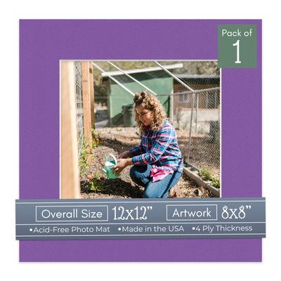 CountryArtHouse Purple Acid Free 12x12 Picture Frame Mats with White Core Bevel Cut for 8x8 Pictures - Fits 12x12 Frame - One Mat - with Bag & Backing