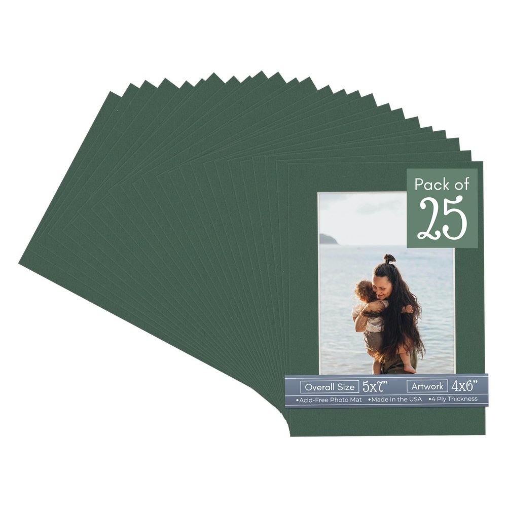 CountryArtHouse Hunter Green Acid Free 5x7 Picture Frame Mats with White Core Bevel Cut for 4x6 Pictures - Fits 5x7 Frame - Pack of 25 Mats