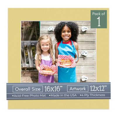 CountryArtHouse Soft Yellow Acid Free 16x16 Picture Frame Mats with White Core Bevel Cut for 12x12 Pictures - Fits 16x16 Frame - One Mat - with Bag & Backing