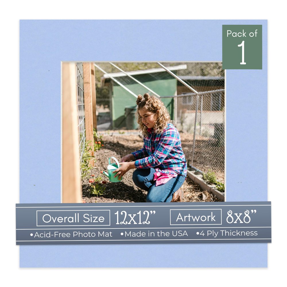 CountryArtHouse Baby Blue Acid Free 12x12 Picture Frame Mats with White Core Bevel Cut for 8x8 Pictures - Fits 12x12 Frame - One Mat - With Bag & Backing