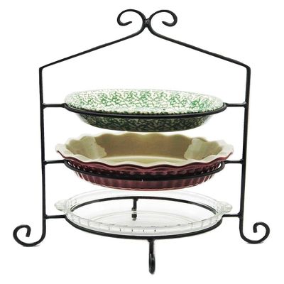 3 Tier Pie Plate Stand - Solid Satin Black Wrought Iron Triple Rack Display Amish Handmade in USA