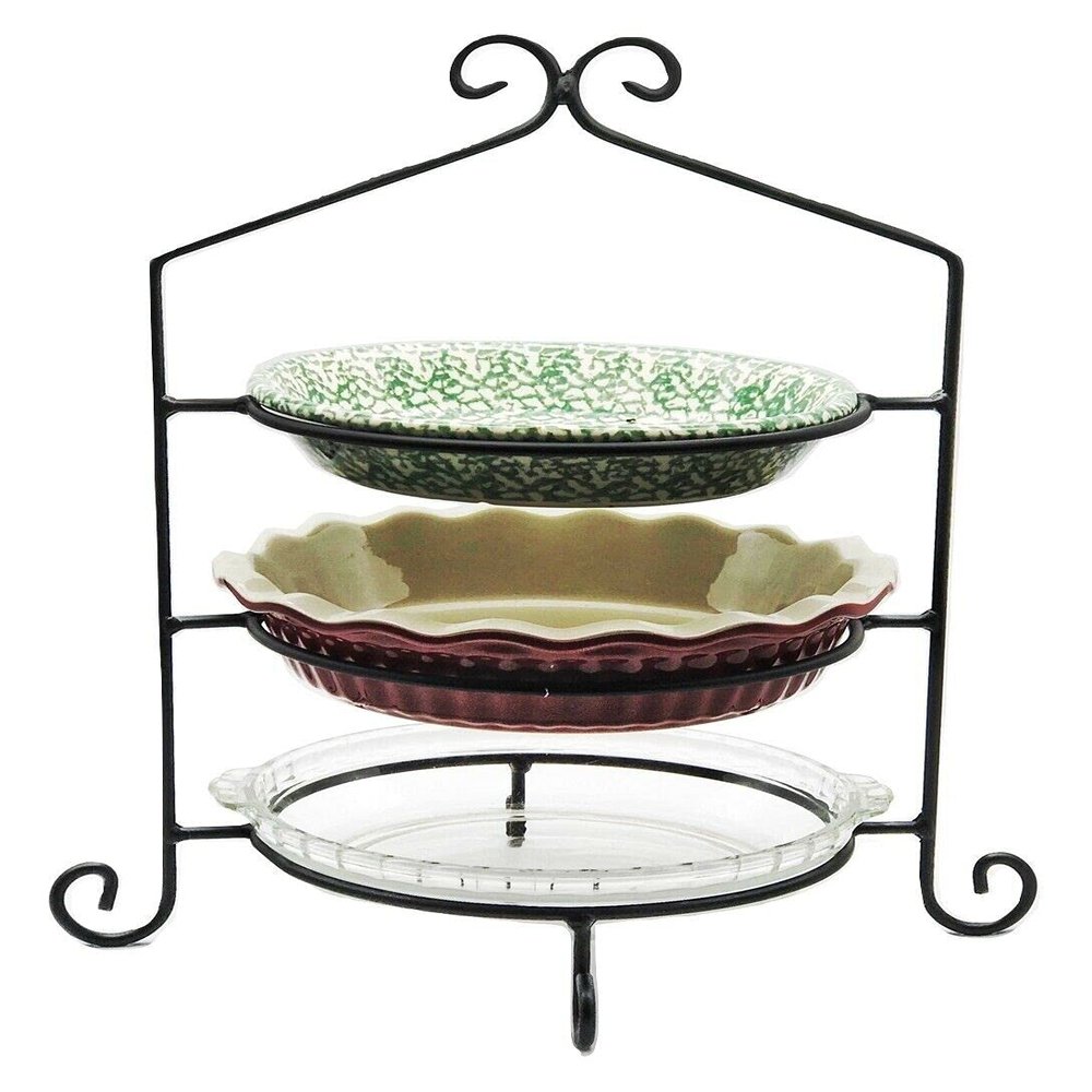 3 Tier Pie Plate Stand - Solid Satin Black Wrought Iron Triple Rack Display Amish Handmade in USA