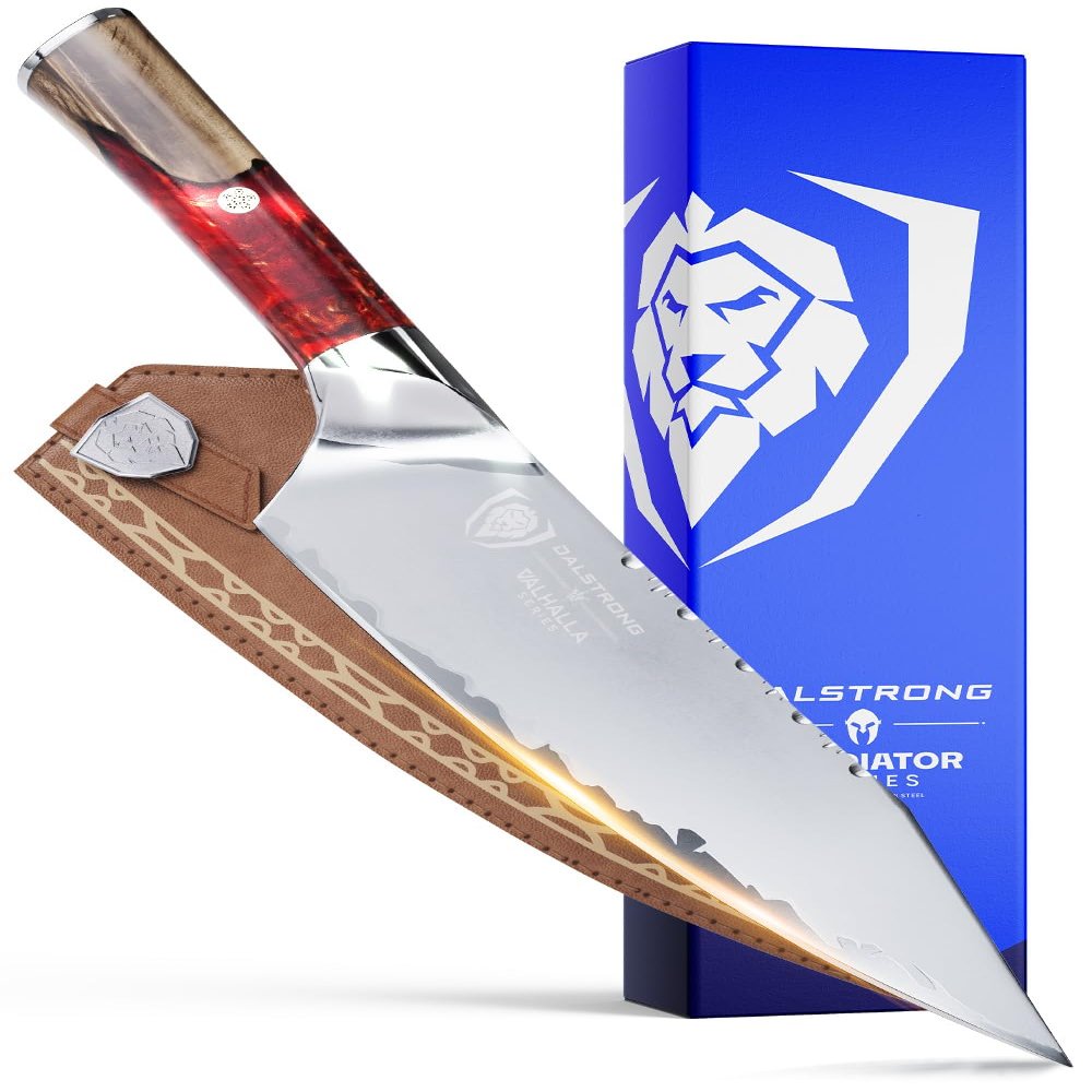 Dalstrong Chef Knife - 8 inch Blade - Premium 9CR18MOV HC Steel - Full Tang - Red Resin Handle - Chef's Knife - Valhalla Series - Razor Sharp Kitchen - Professional Leatther Sheath