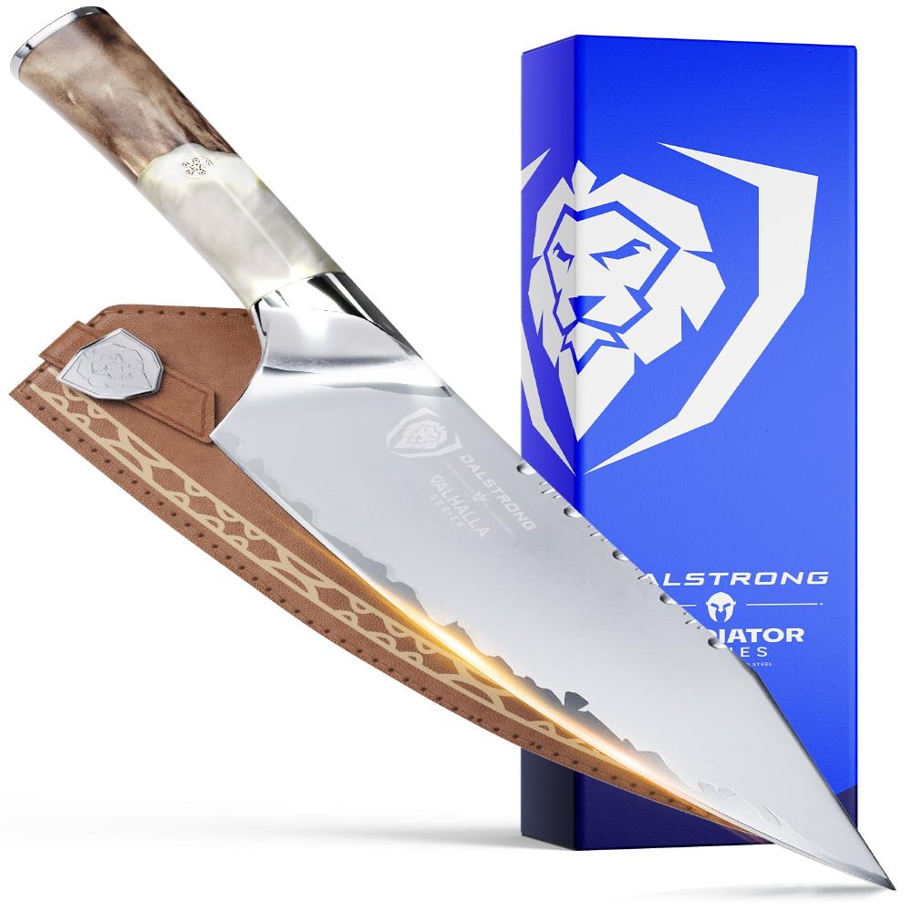 Dalstrong Chef Knife - 8 inch Blade - Premium 9CR18MOV HC Steel - Full Tang - White Resin Handle - Chef's Knife - Valhalla Series - Razor Sharp Kitchen - Professional Leatther Sheath