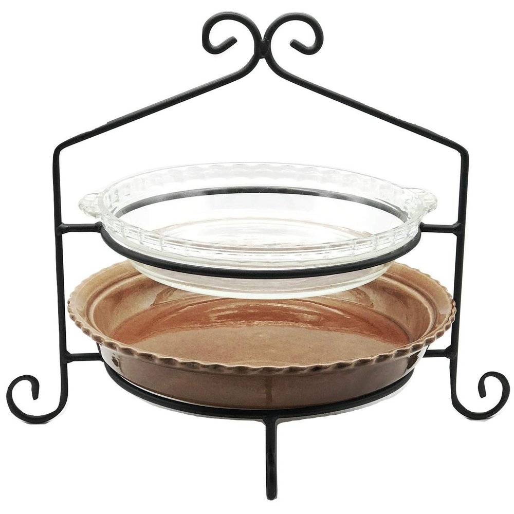 2 Tier Pie Plate Stand - Solid Satin Black Wrought Iron Double Rack Display Amish Handmade in USA