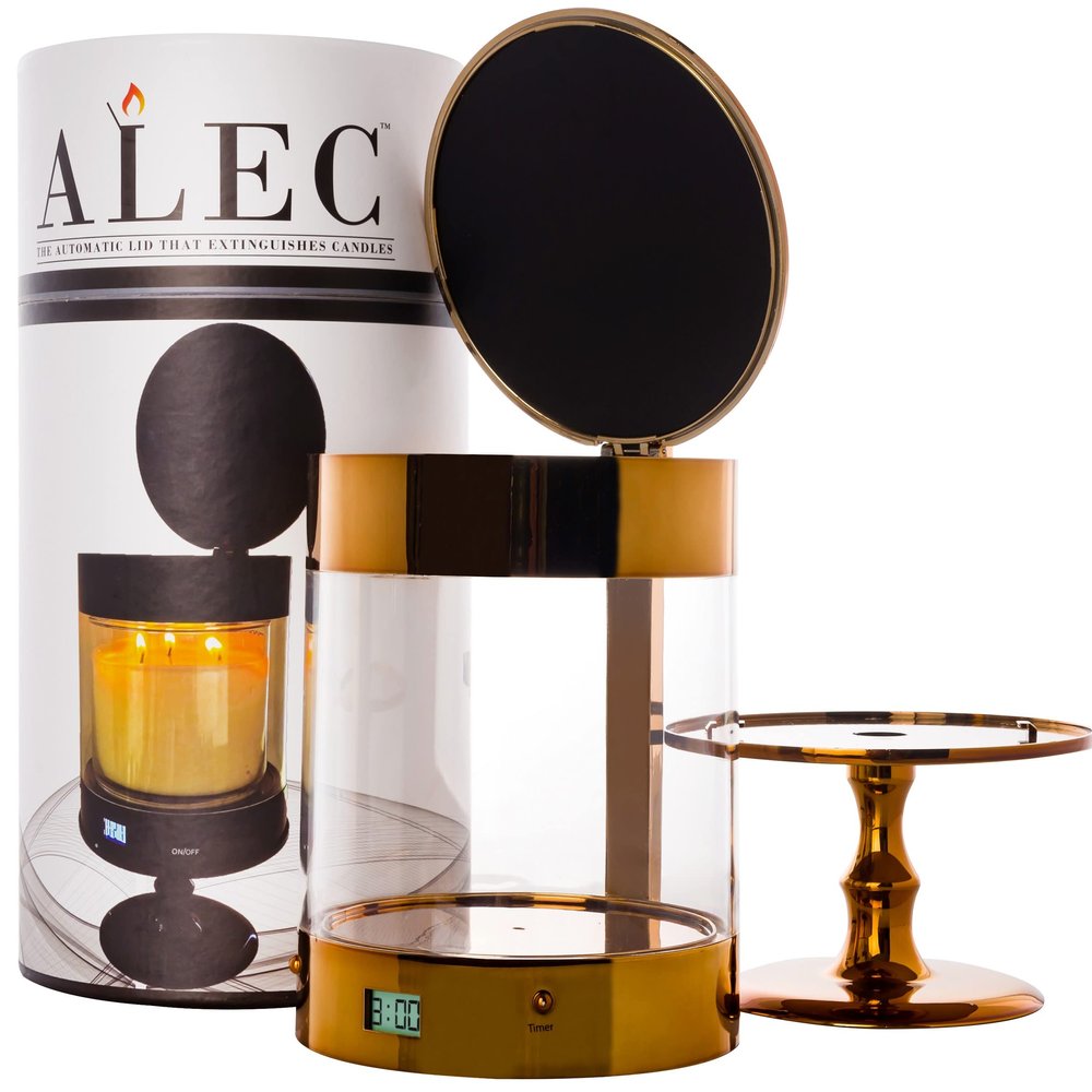 ALEC {Old Plastic Model} Clear Hurricane Automatic Candle Holder & Extinguisher with Rechargeable Timer Lid & Stand | Small Bronze Pillar & Votive Candle Holders for Home Centerpiece Table Decorations