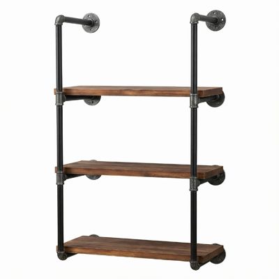 BIXIRAO Industrial Wall Mounted Iron Floating Pipe Wood Shelves/Shelving/Racks/Storage/Bookcases/Brackets, DIY Open Bookshelves/Shelving for Kitchen/Office, Retro Black, Brown