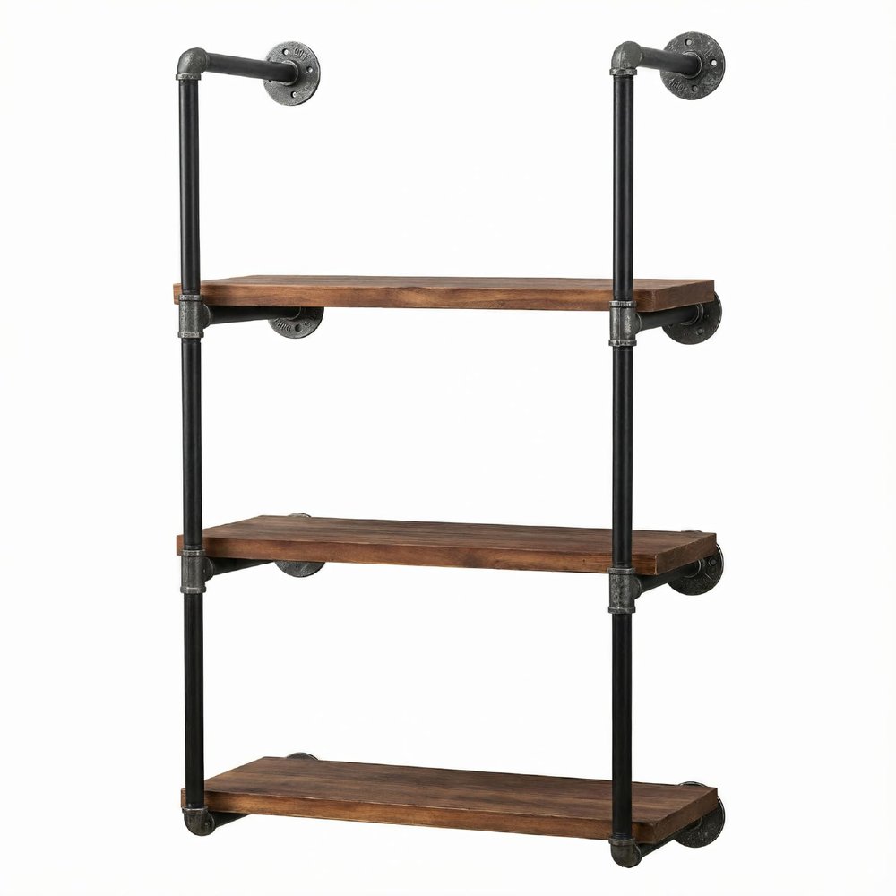 BIXIRAO Industrial Wall Mounted Iron Floating Pipe Wood Shelves/Shelving/Racks/Storage/Bookcases/Brackets, DIY Open Bookshelves/Shelving for Kitchen/Office, Retro Black, Brown