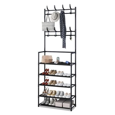 XINGLL Coat Rack Stand Clothes Rack Stand,16 Hooks,5 Tier Shelf,Portable Shoe Clothes Hat Storage Organzier,Ideal for Hall Bedroom Entryway Office (Color : Black, Size : 60x26x172CM)