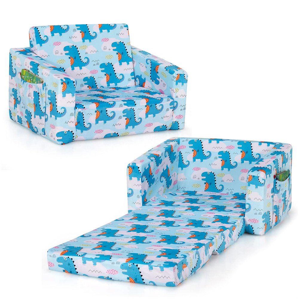 Costzon Kids Couch, 2 in 1 Flip Open Children's Sofa w/Velvet Fabric, Storage Pockets, Toddler Armrest Chair Bed for Nap Play Sleep, Ideal Gift for 0-4 Years Old Baby Boys Girls, Dinosaur