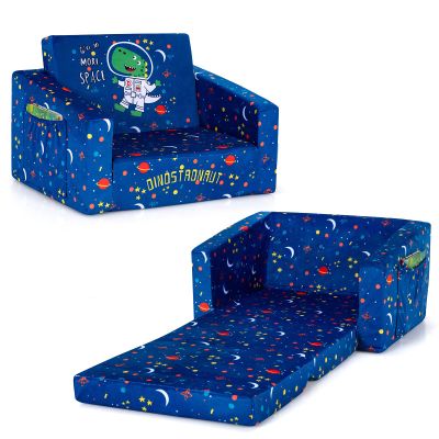 Costzon Kids Couch, 2 in 1 Flip Open Children's Sofa w/Velvet Fabric, Storage Pockets, Toddler Armrest Chair Bed for Nap Play Sleep, Ideal Gift for 0-4 Years Old Baby Boys Girls, Blue Space