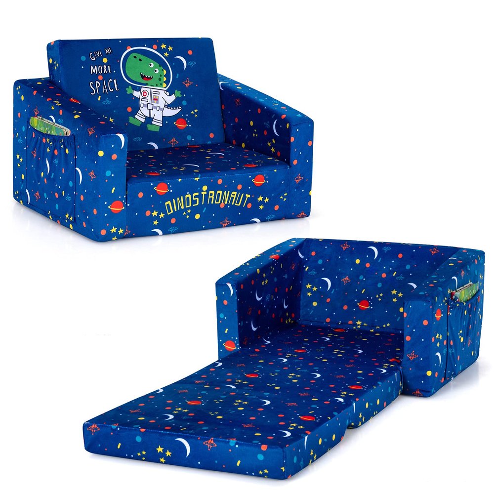 Costzon Kids Couch, 2 in 1 Flip Open Children's Sofa w/Velvet Fabric, Storage Pockets, Toddler Armrest Chair Bed for Nap Play Sleep, Ideal Gift for 0-4 Years Old Baby Boys Girls, Blue Space