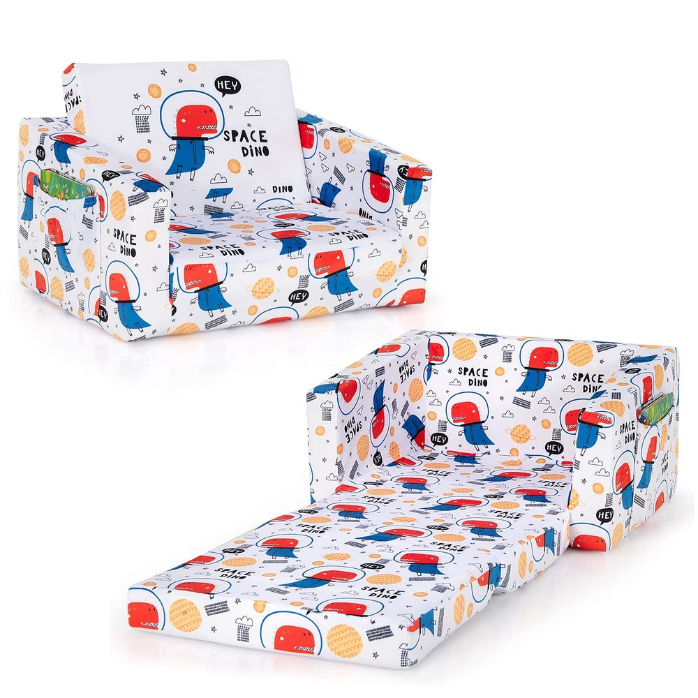 Costzon Kids Couch, 2 in 1 Flip Open Children's Sofa w/Velvet Fabric, Storage Pockets, Toddler Armrest Chair Bed for Nap Play Sleep, Ideal Gift for 0-4 Years Old Baby Boys Girls, White Space