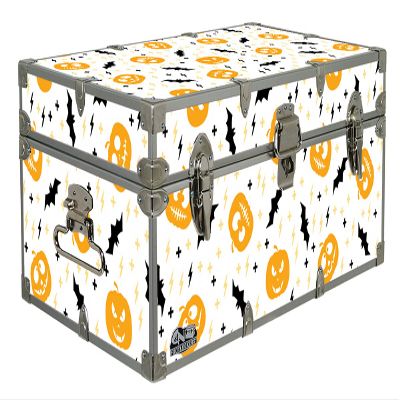 Halloween Decoration Storage Footlocker Trunk - Seasonal Style Box - 32 x 18 x 13.5 Inches (Pumpkin & Bats)