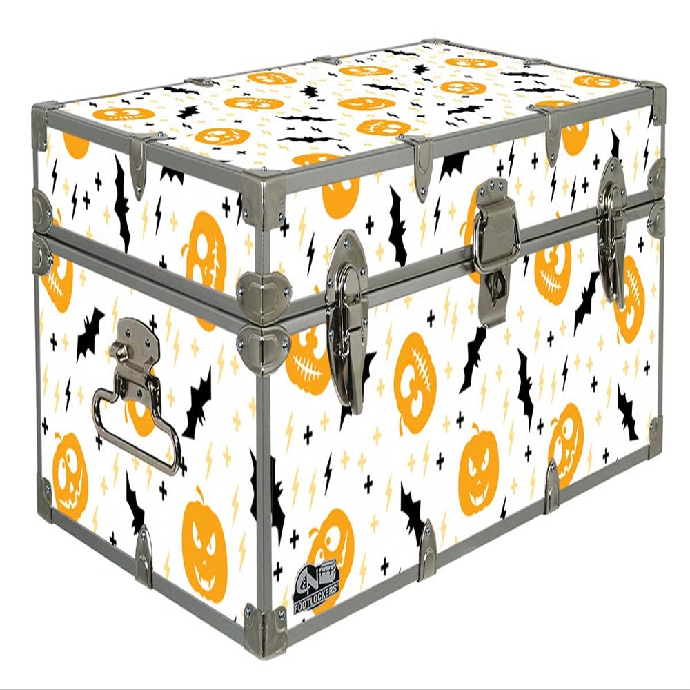 Halloween Decoration Storage Footlocker Trunk - Seasonal Style Box - 32 x 18 x 13.5 Inches (Pumpkin & Bats)