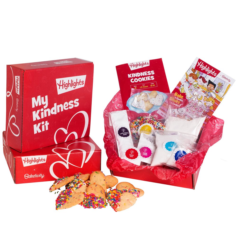 Kids Baking Kit by Baketivity + Highlights Magazine Booklet | Kindness Themed Baking Set for Kids | DIY Arts and Crafts Set | Heart Shaped Sprinkle Cookies | Kosher