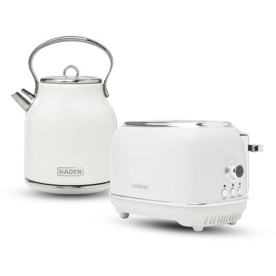 Haden Heritage 1.7 Liter Stainless Steel Body Retro Electric Tea Kettle with 2 Slice Wide Slot Stainless Steel Bread Toaster, White