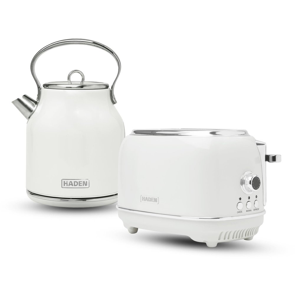 Haden Heritage 1.7 Liter Stainless Steel Body Retro Electric Tea Kettle with 2 Slice Wide Slot Stainless Steel Bread Toaster, White