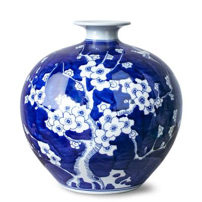Dahlia Blue and White Vase, Handmade Chinese Porcelain Flower Vase, Peach Blossom, Pomegranate Shape 10 Inches