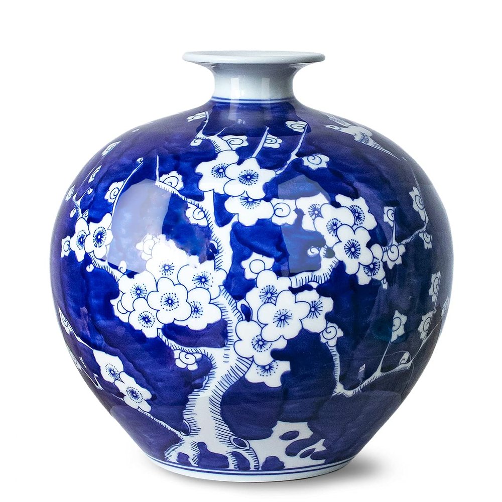 Dahlia Blue and White Vase, Handmade Chinese Porcelain Flower Vase, Peach Blossom, Pomegranate Shape 10 Inches
