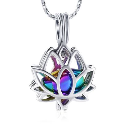 Imrsanl Cremation Jewelry for Ashes - Lotus Flower Ashes Pendant Necklace with Mini Keepsake Urn Memorial Ash Jewelry Silver-Colorful)