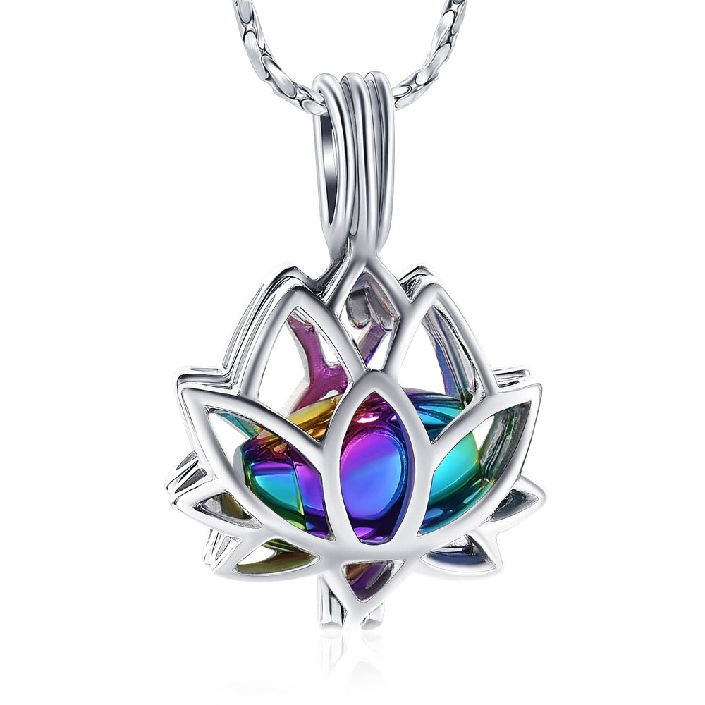 Imrsanl Cremation Jewelry for Ashes - Lotus Flower Ashes Pendant Necklace with Mini Keepsake Urn Memorial Ash Jewelry Silver-Colorful)